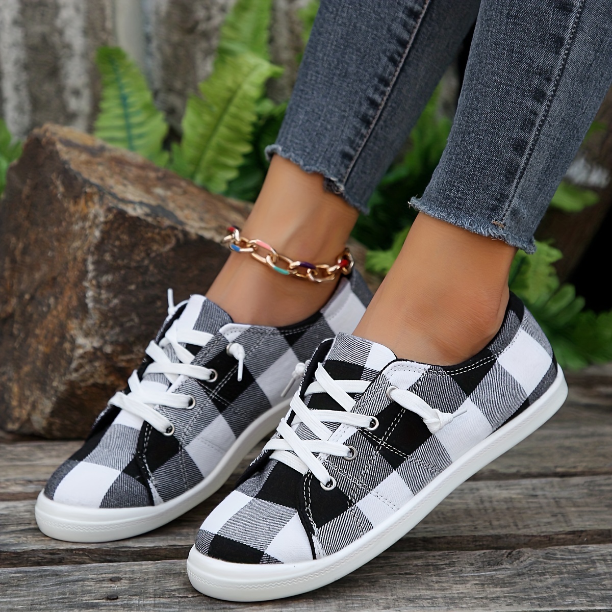 womens plaid canvas shoes lightweight low top flat sneakers casual slip on shoes details 0