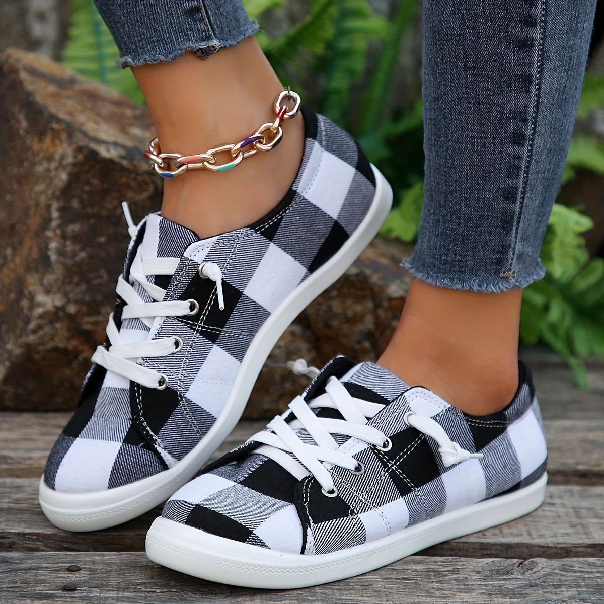 womens plaid canvas shoes lightweight low top flat sneakers casual slip on shoes details 1