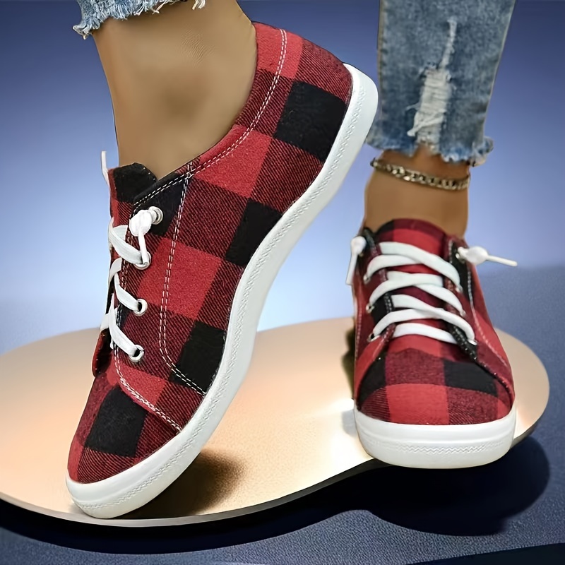 womens plaid canvas shoes lightweight low top flat sneakers casual slip on shoes details 3