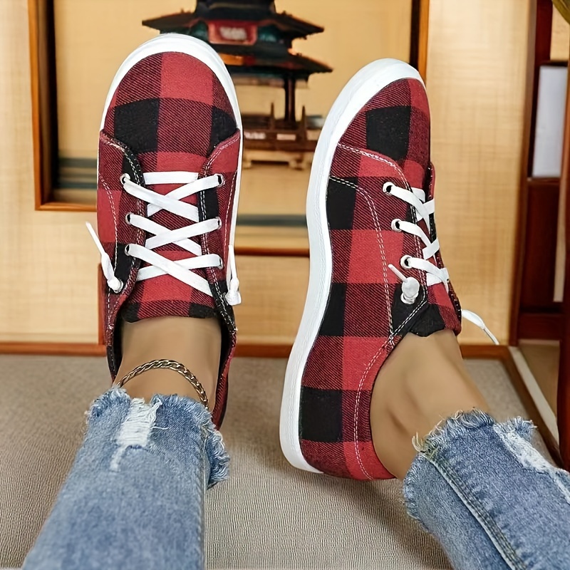 womens plaid canvas shoes lightweight low top flat sneakers casual slip on shoes details 4