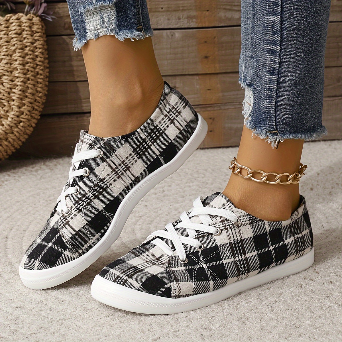 womens plaid canvas shoes lightweight low top flat sneakers casual slip on shoes details 5