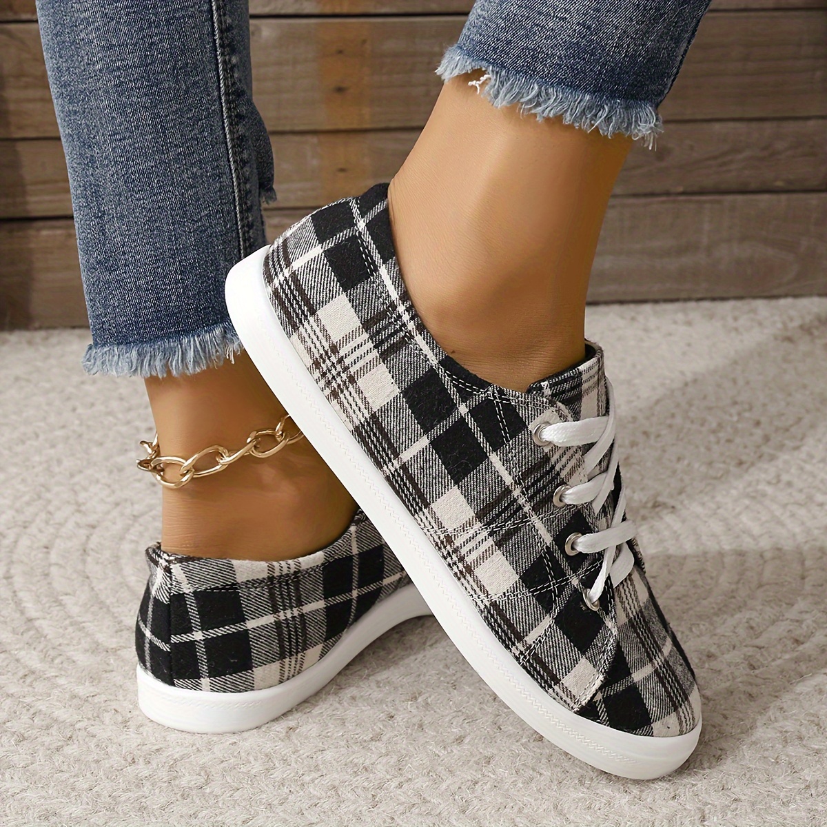 womens plaid canvas shoes lightweight low top flat sneakers casual slip on shoes details 6