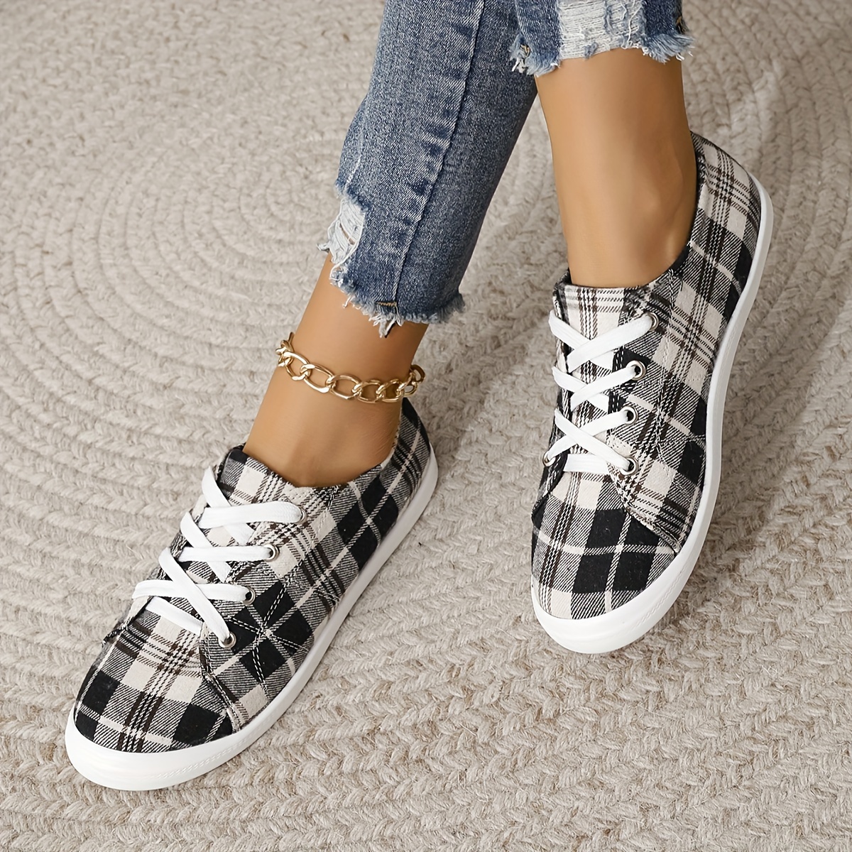 womens plaid canvas shoes lightweight low top flat sneakers casual slip on shoes details 7