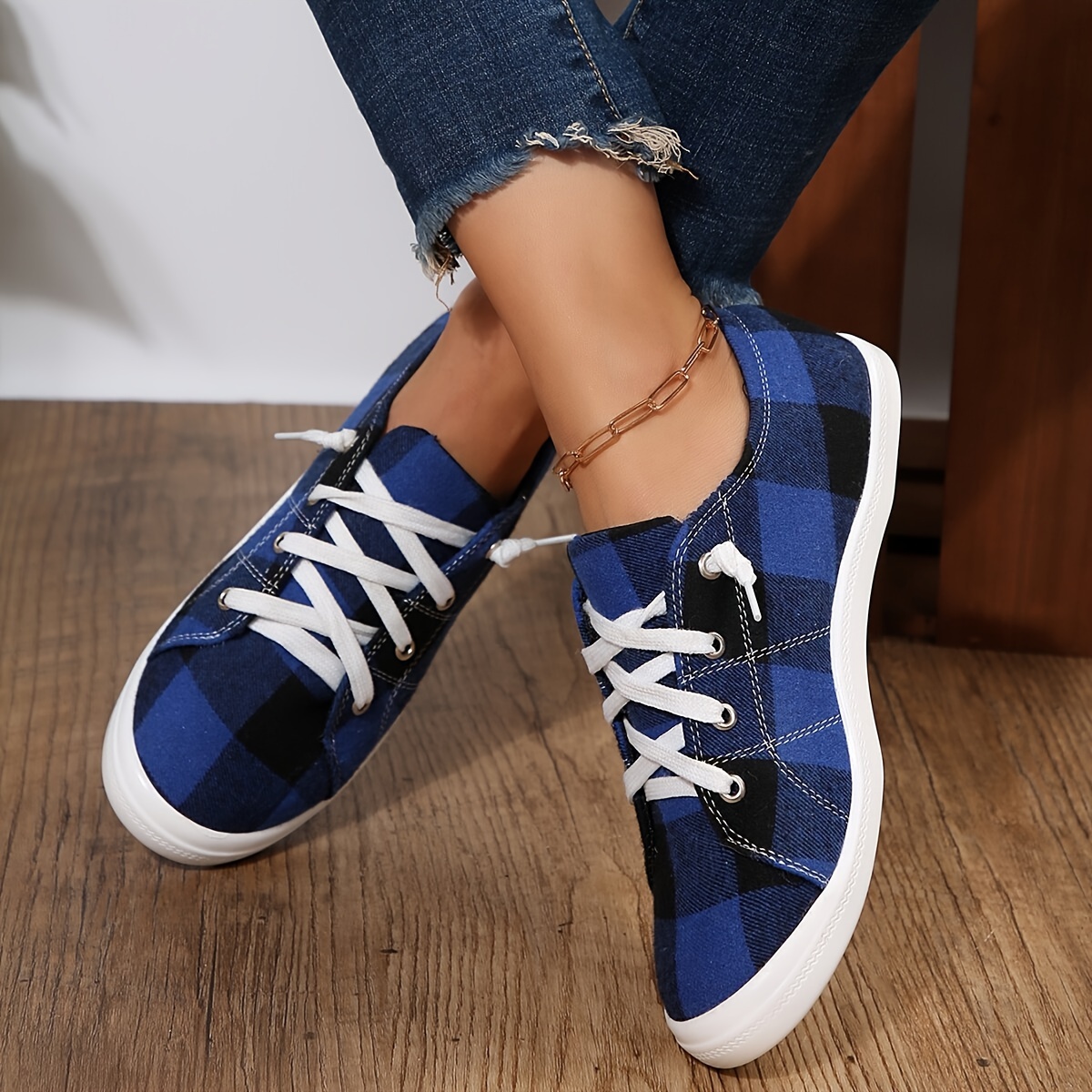 womens plaid canvas shoes lightweight low top flat sneakers casual slip on shoes details 9