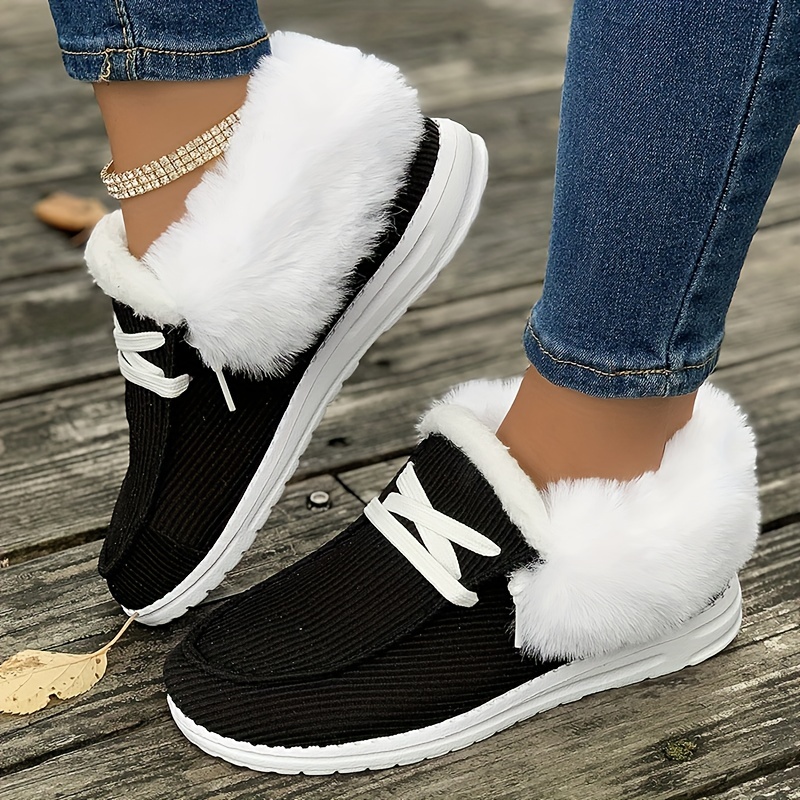 womens fluffy plush lined snow boots winter warm slip on fuzzy flat shoes thermal low top shoes details 2