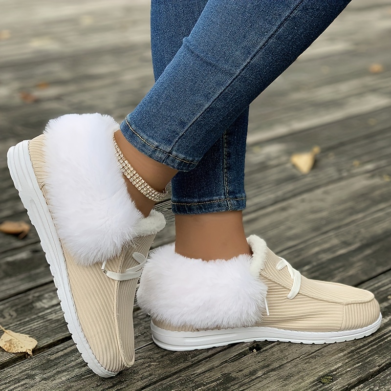 womens fluffy plush lined snow boots winter warm slip on fuzzy flat shoes thermal low top shoes details 4