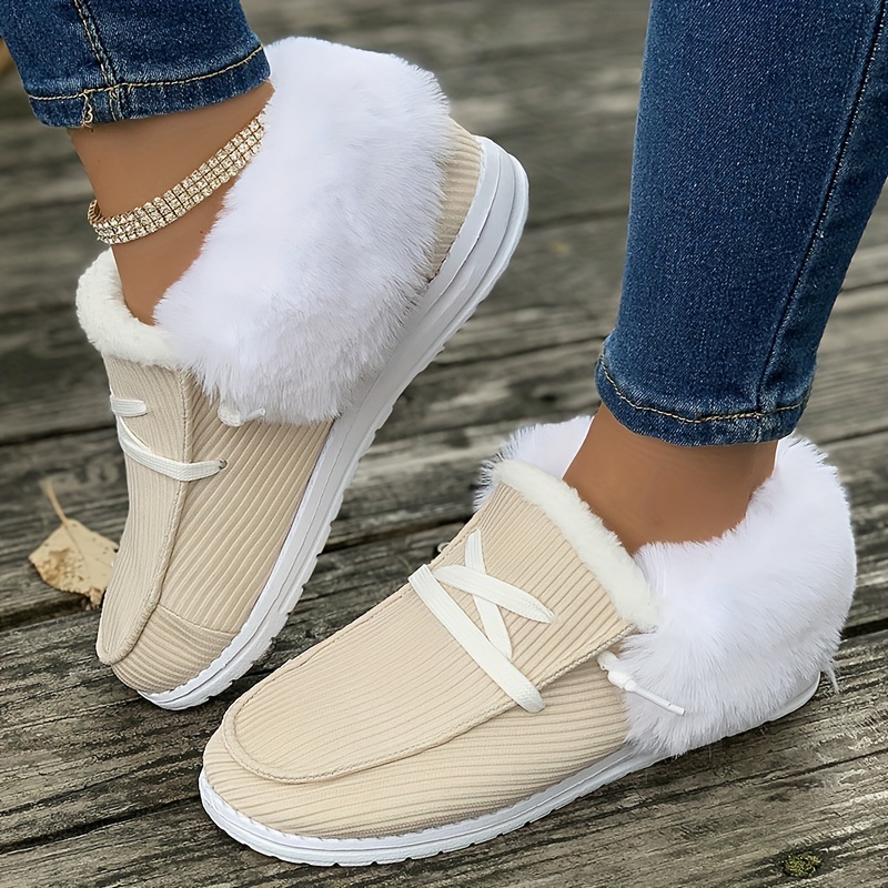 womens fluffy plush lined snow boots winter warm slip on fuzzy flat shoes thermal low top shoes details 5