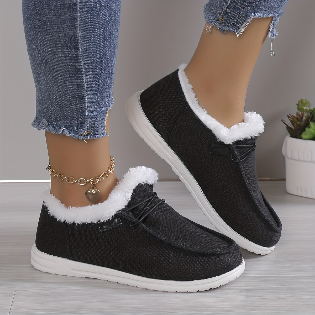 womens solid color fluffy shoes slip on fleece lining flat soft sole plush shoes winter warm lightweight canvas shoes details 0