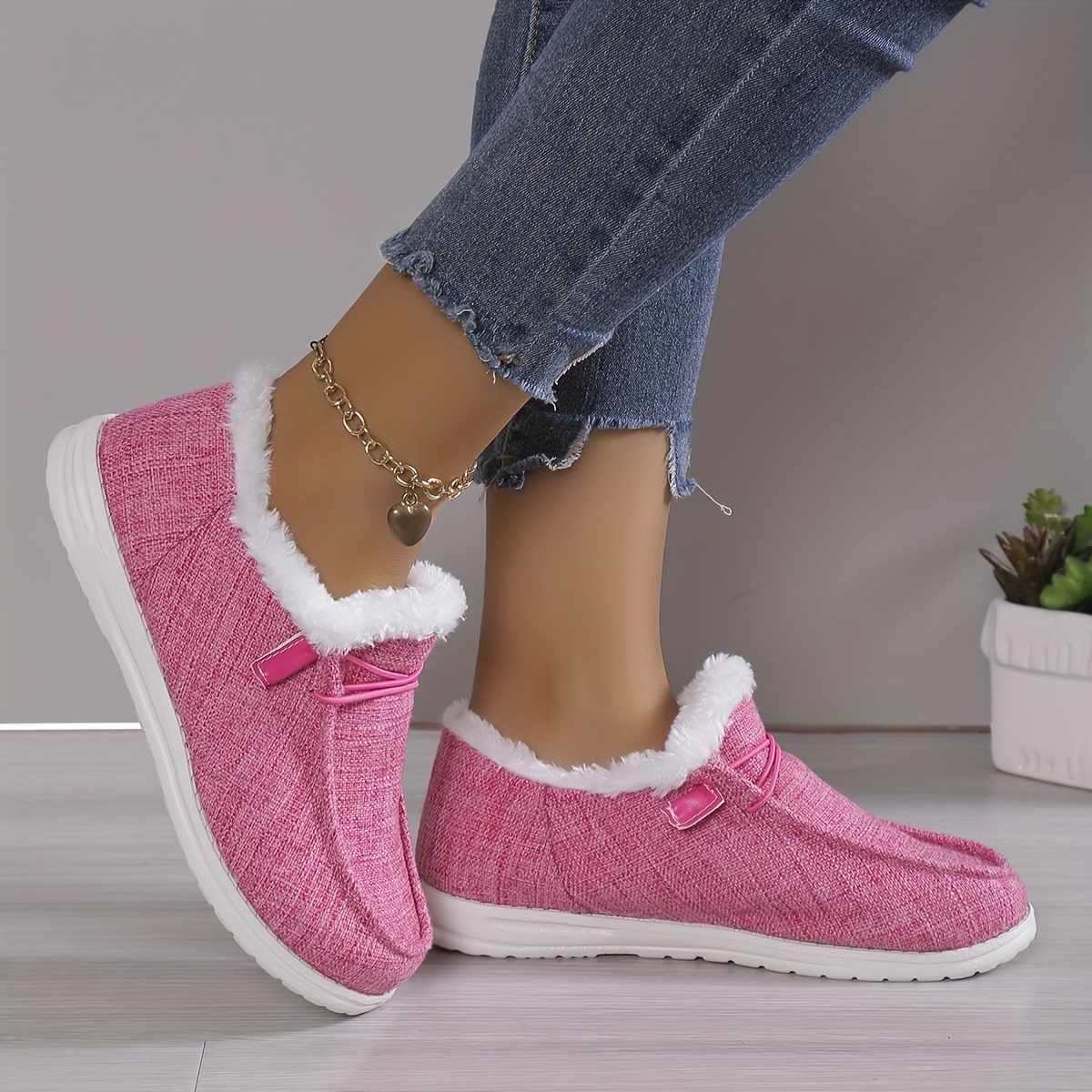 womens solid color fluffy shoes slip on fleece lining flat soft sole plush shoes winter warm lightweight canvas shoes details 1