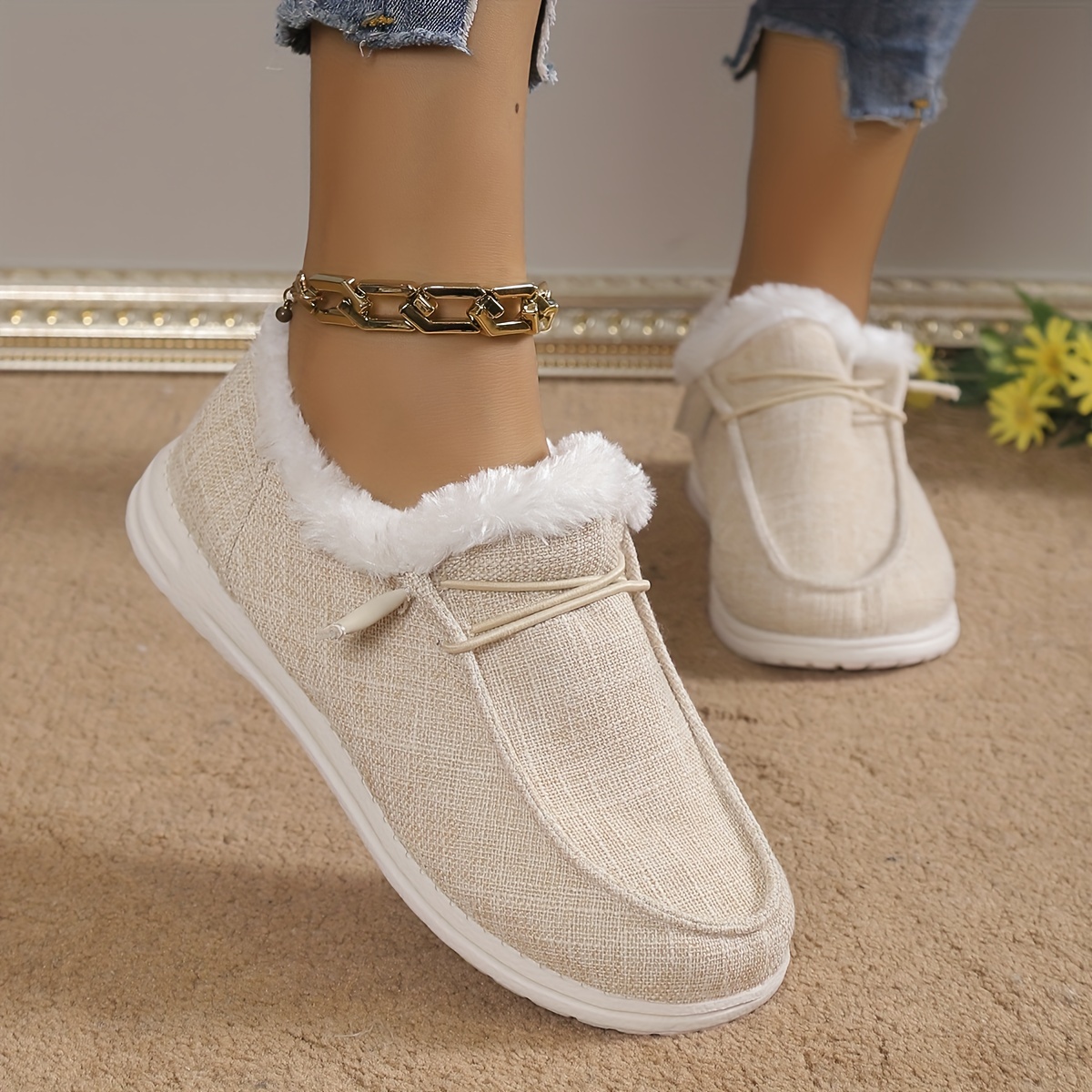 womens solid color fluffy shoes slip on fleece lining flat soft sole plush shoes winter warm lightweight canvas shoes details 3