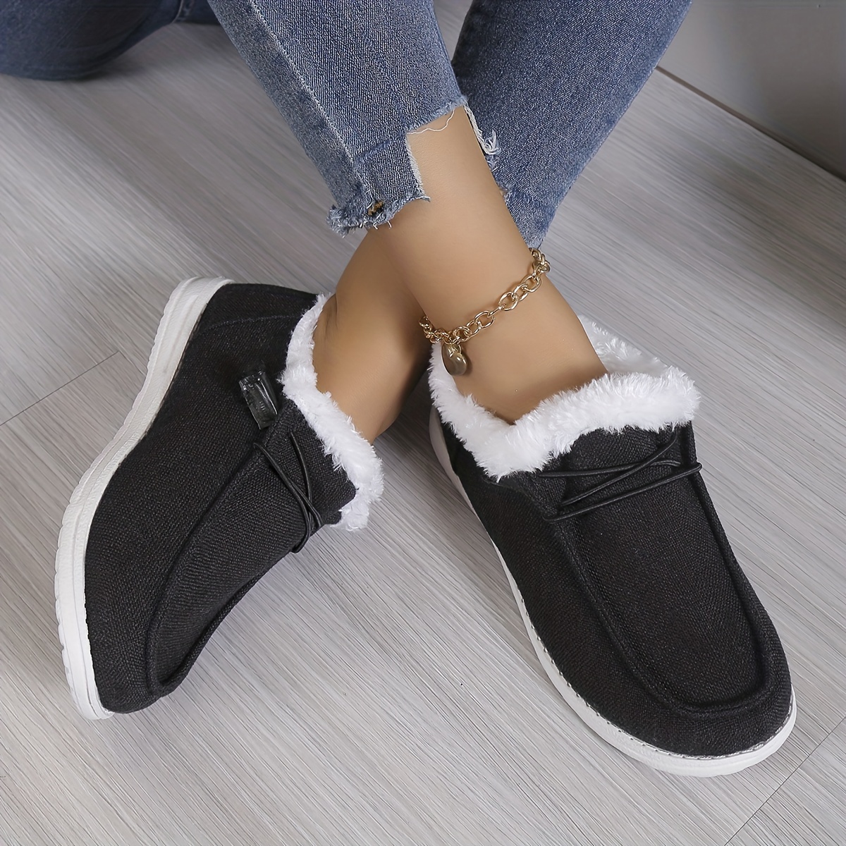 womens solid color fluffy shoes slip on fleece lining flat soft sole plush shoes winter warm lightweight canvas shoes details 4