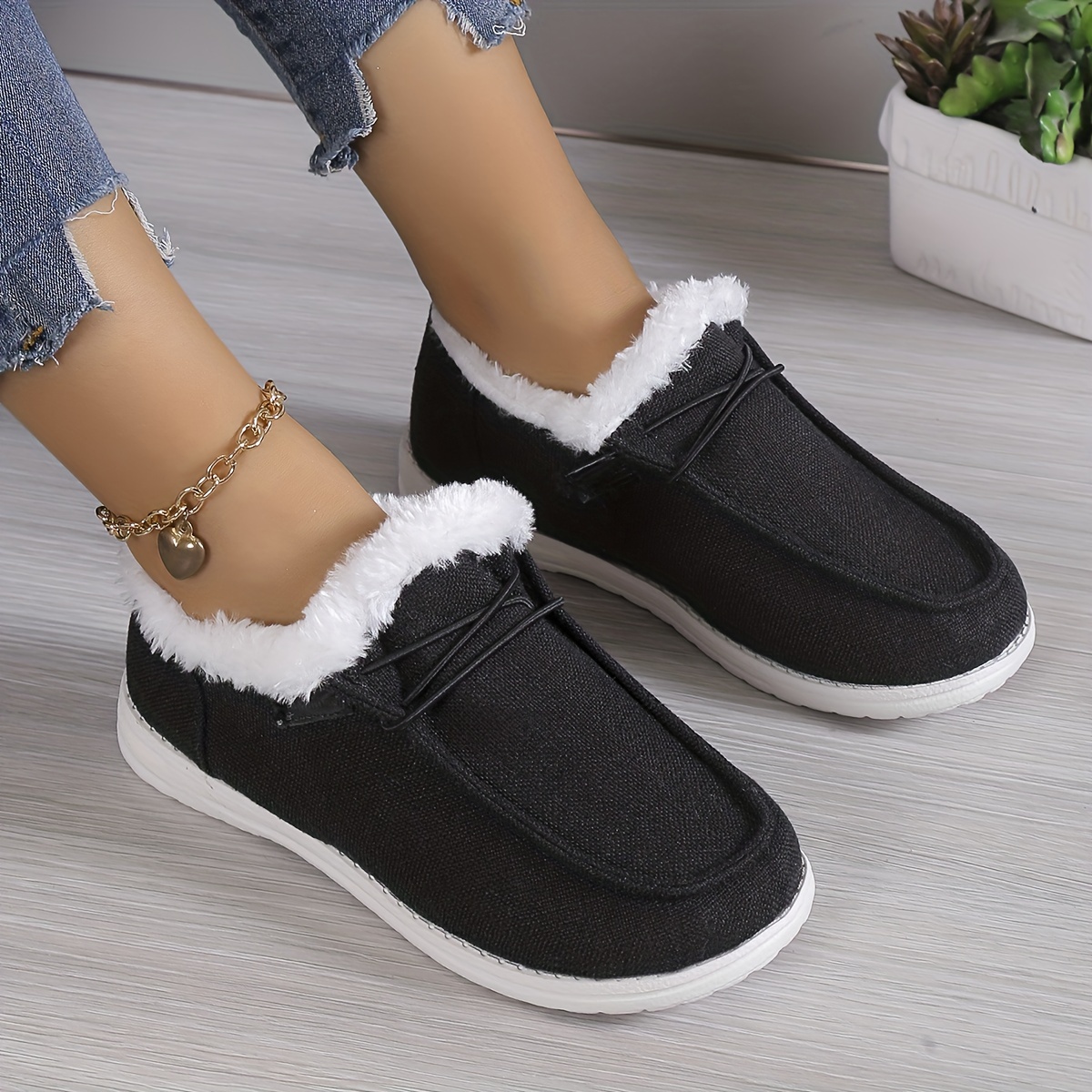 womens solid color fluffy shoes slip on fleece lining flat soft sole plush shoes winter warm lightweight canvas shoes details 5