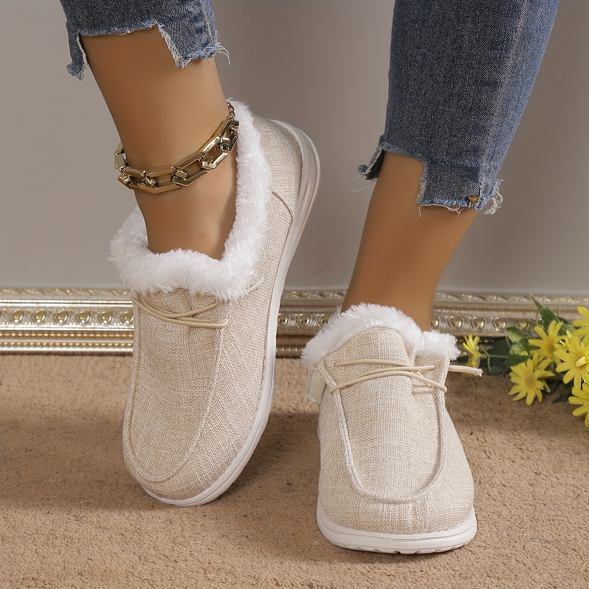 womens solid color fluffy shoes slip on fleece lining flat soft sole plush shoes winter warm lightweight canvas shoes details 6