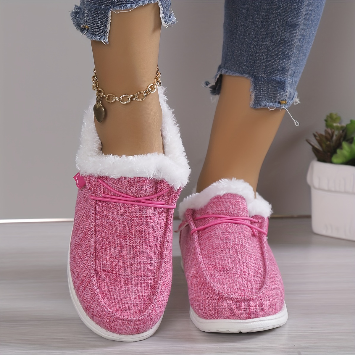 womens solid color fluffy shoes slip on fleece lining flat soft sole plush shoes winter warm lightweight canvas shoes details 7