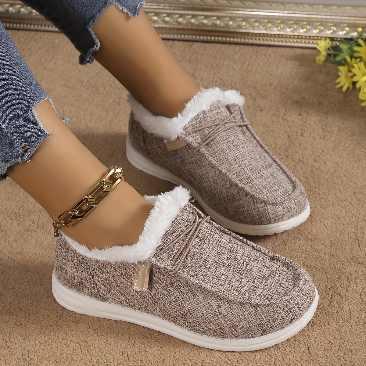 womens solid color fluffy shoes slip on fleece lining flat soft sole plush shoes winter warm lightweight canvas shoes details 8