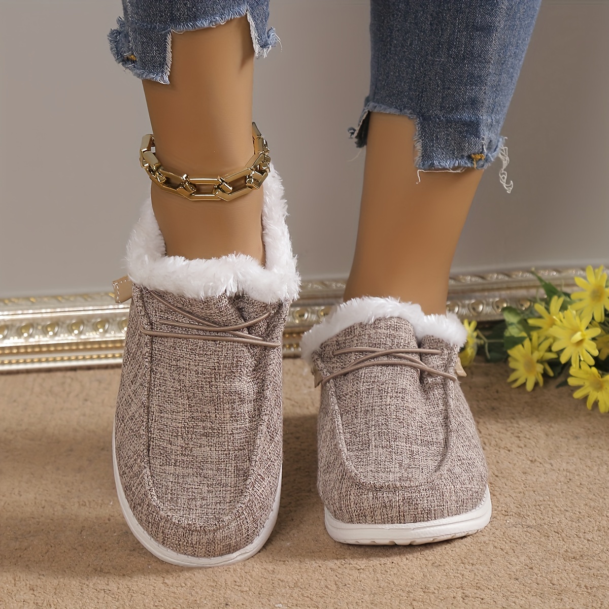 womens solid color fluffy shoes slip on fleece lining flat soft sole plush shoes winter warm lightweight canvas shoes details 9