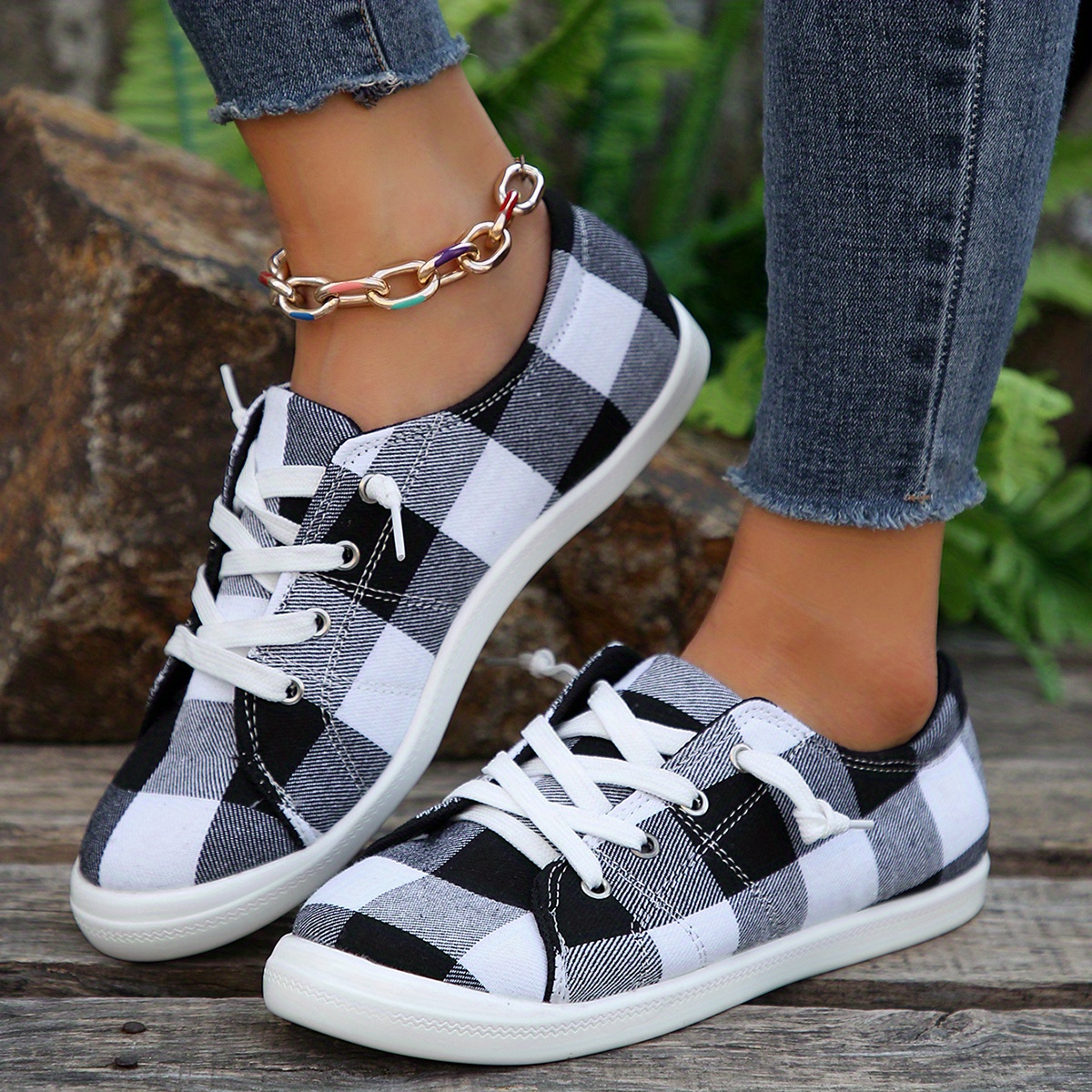 womens colorblock plaid pattern shoes slip on low top round toe non slip outdoor canvas shoes casual daily shoes details 1