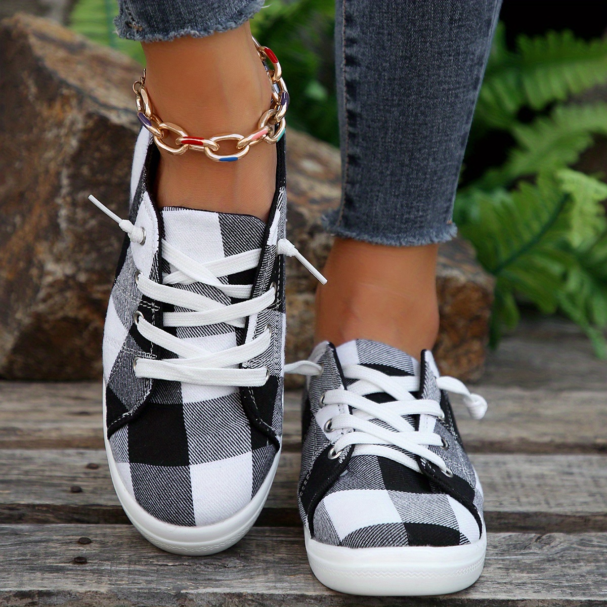 womens colorblock plaid pattern shoes slip on low top round toe non slip outdoor canvas shoes casual daily shoes details 2