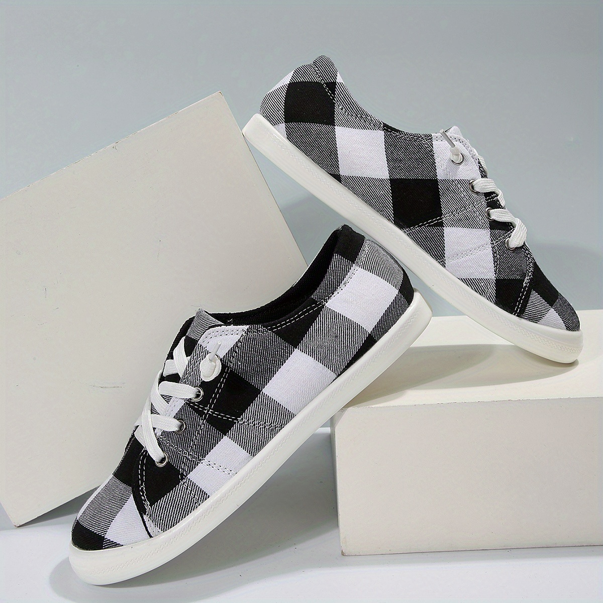 womens colorblock plaid pattern shoes slip on low top round toe non slip outdoor canvas shoes casual daily shoes details 4