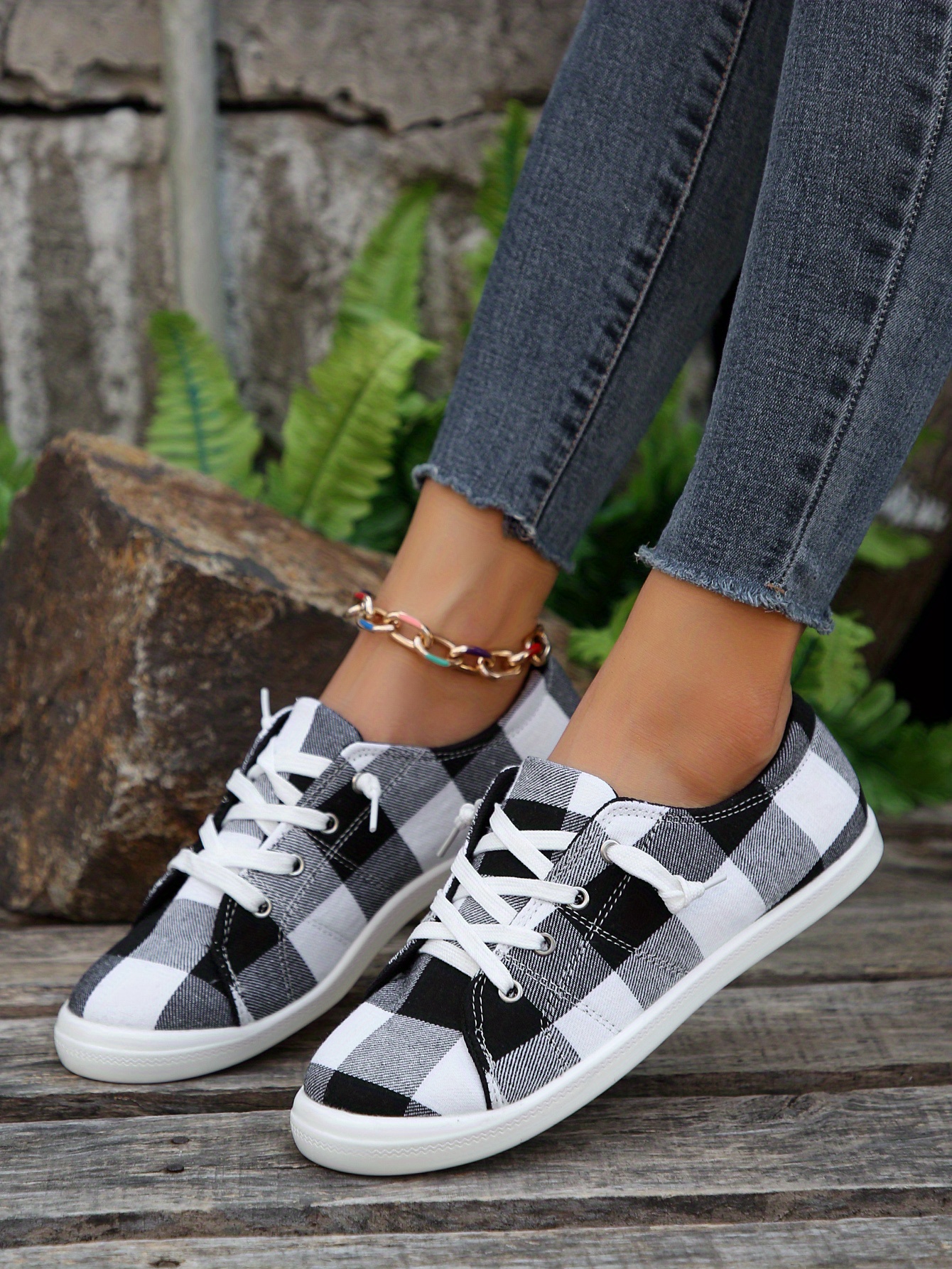 womens colorblock plaid pattern shoes slip on low top round toe non slip outdoor canvas shoes casual daily shoes details 7