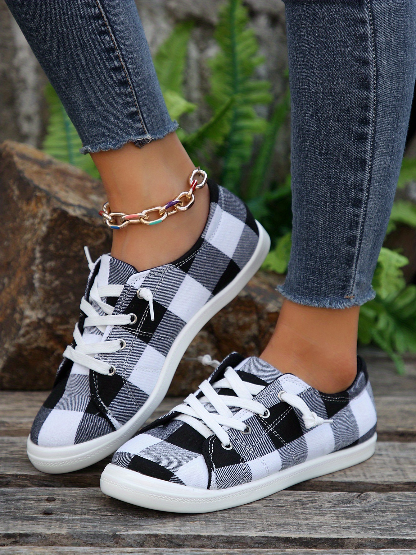 womens colorblock plaid pattern shoes slip on low top round toe non slip outdoor canvas shoes casual daily shoes details 8