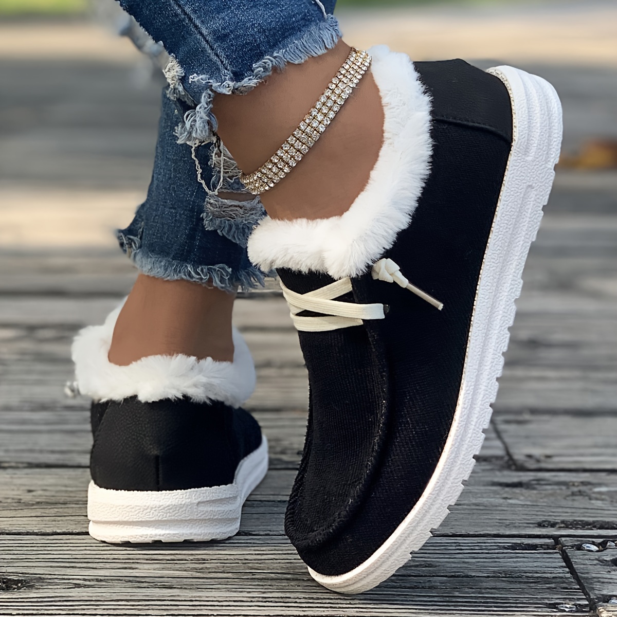 womens simple canvas shoes casual lace up plush lined shoes lightweight low top sneakers details 1