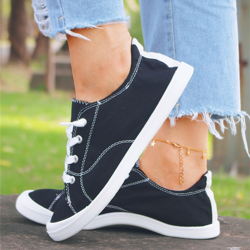 womens comfy flat canvas shoes lace up low top casual walking shoes womens round toe footwear details 5