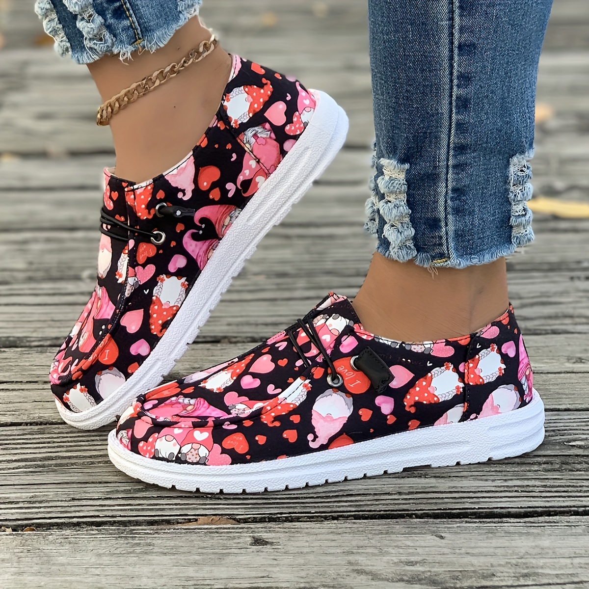 Women s Heart Pattern Canvas Shoes, Casual Lace Up Outdoor Shoes, Lightweight Low Top Valentine s Day Shoes details 0