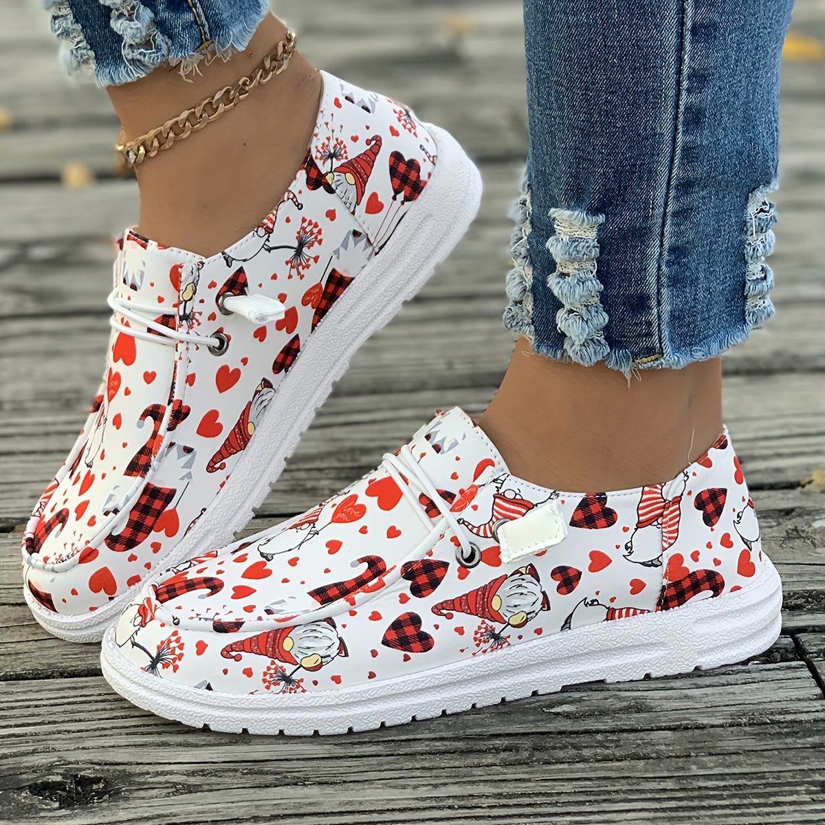 Women s Heart Pattern Canvas Shoes, Casual Lace Up Outdoor Shoes, Lightweight Low Top Valentine s Day Shoes details 1