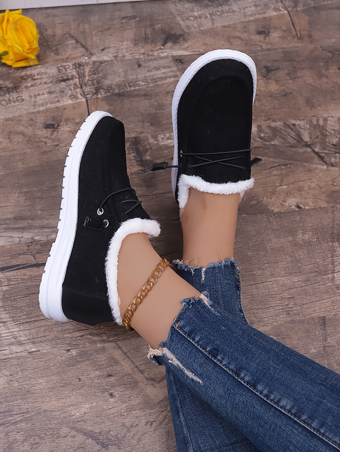 womens solid color fuzzy loafers slip on soft sole flat thermal lined shoes winter plush warm canvas shoes details 8