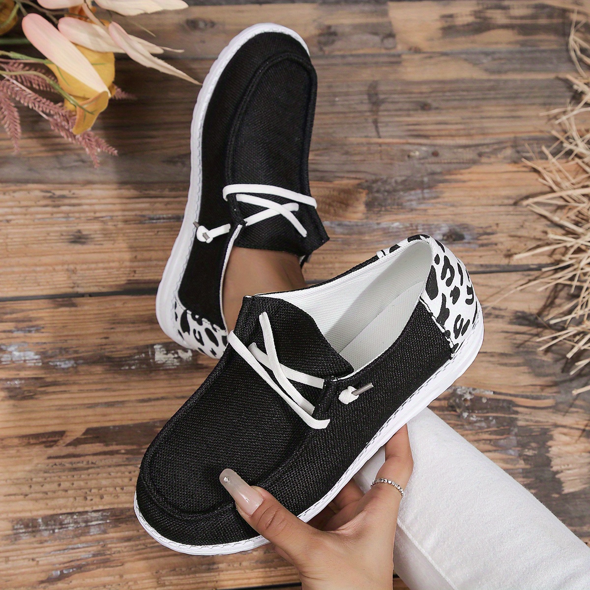 womens cow print decor shoes slip on lightweight flat canvas shoes versatile low top comfy shoes details 0