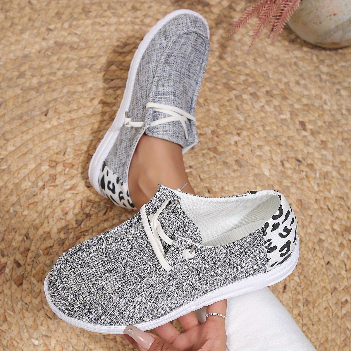 womens cow print decor shoes slip on lightweight flat canvas shoes versatile low top comfy shoes details 10