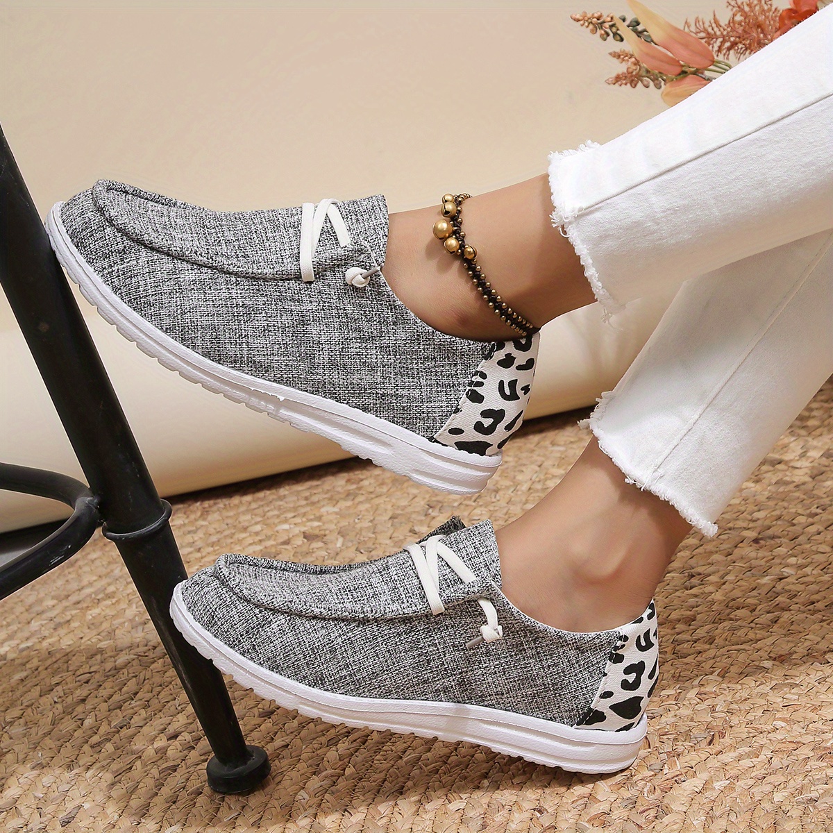 womens cow print decor shoes slip on lightweight flat canvas shoes versatile low top comfy shoes details 11