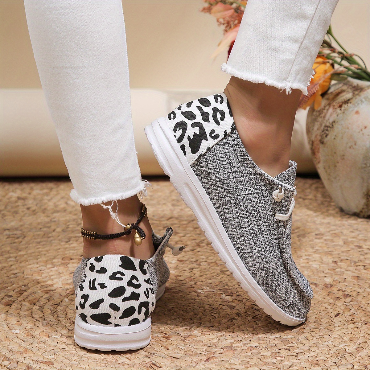 womens cow print decor shoes slip on lightweight flat canvas shoes versatile low top comfy shoes details 13