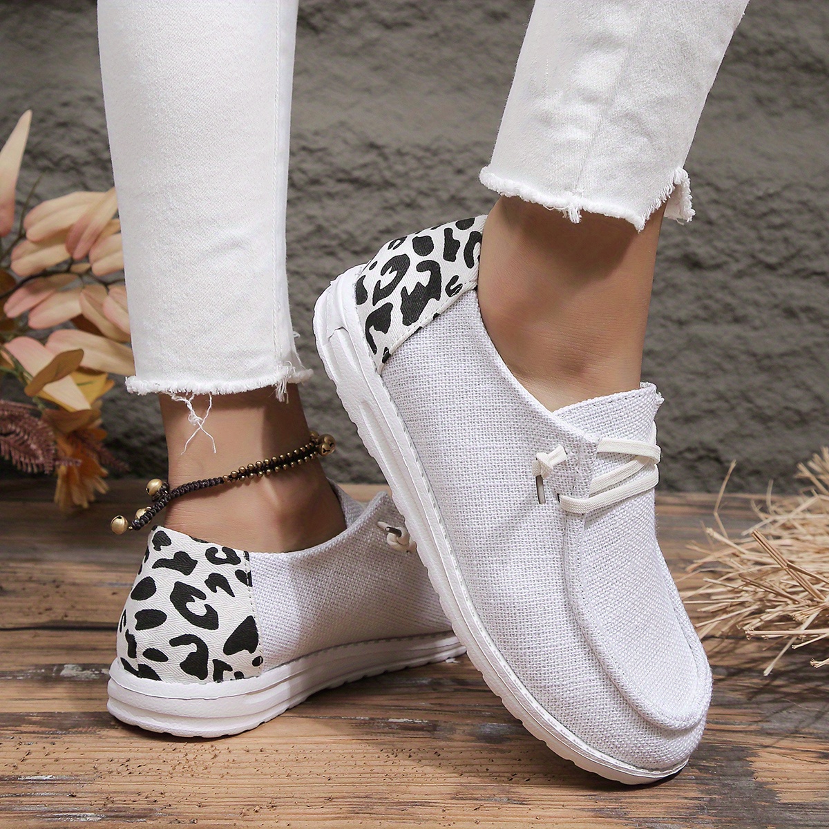 womens cow print decor shoes slip on lightweight flat canvas shoes versatile low top comfy shoes details 17