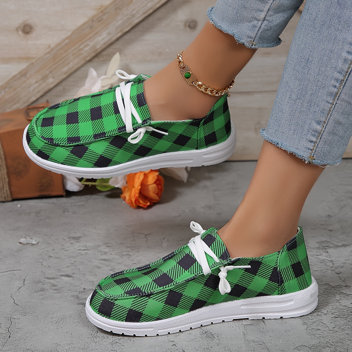 womens plaid pattern loafers slip on lightweight flat canvas shoes low top versatile shoes details 0