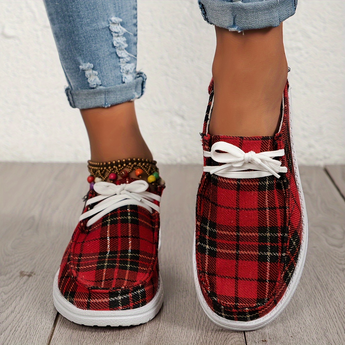 womens plaid pattern loafers slip on lightweight flat canvas shoes low top versatile shoes details 2