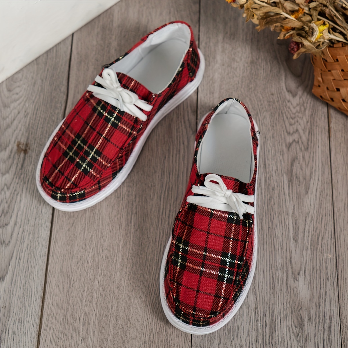 womens plaid pattern loafers slip on lightweight flat canvas shoes low top versatile shoes details 5