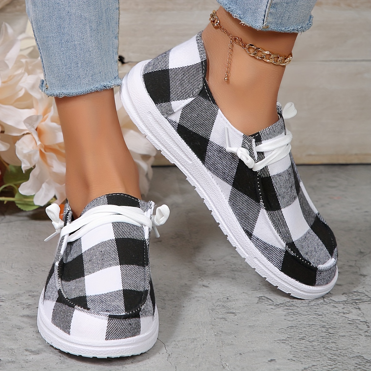 womens plaid pattern loafers slip on lightweight flat canvas shoes low top versatile shoes details 6