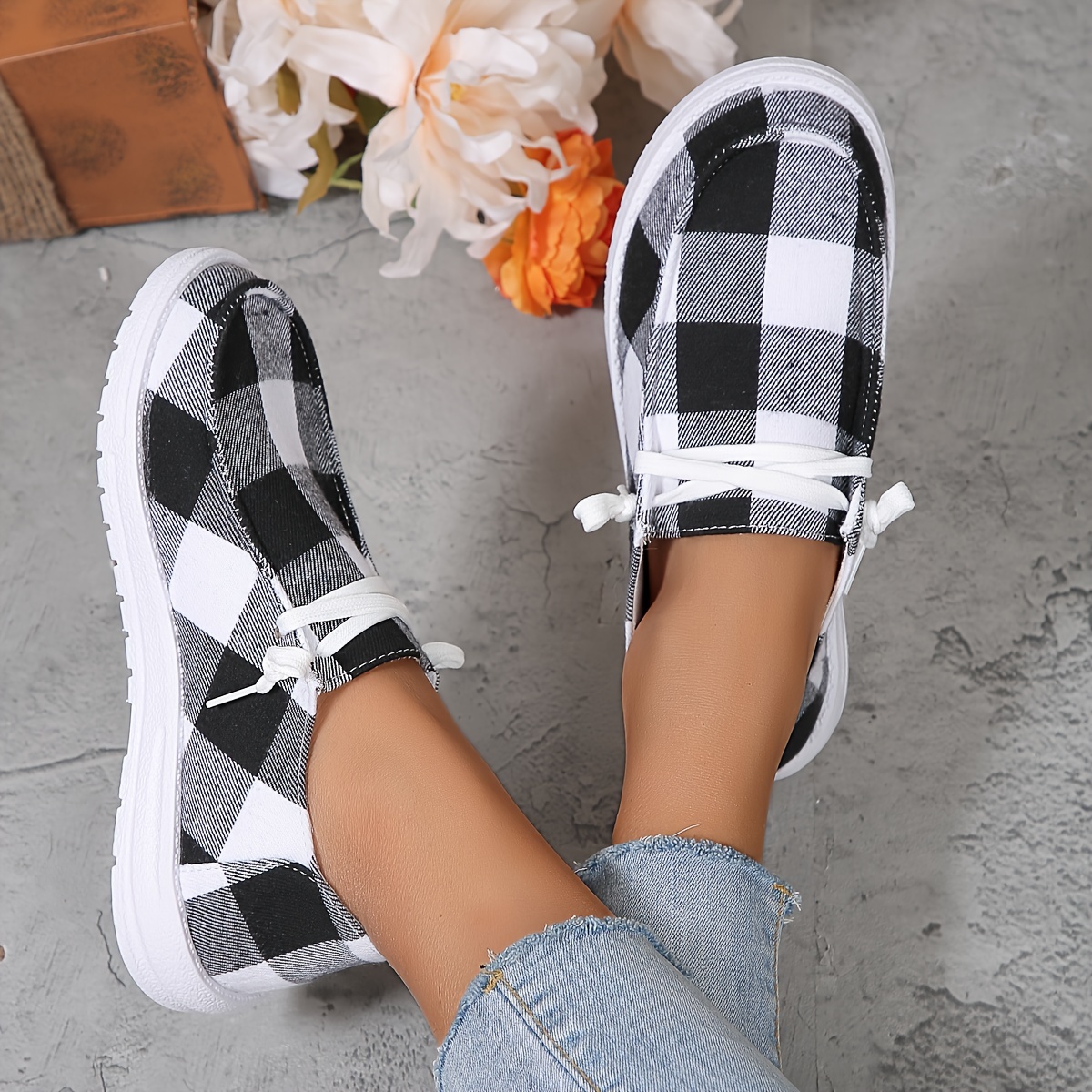 womens plaid pattern loafers slip on lightweight flat canvas shoes low top versatile shoes details 8