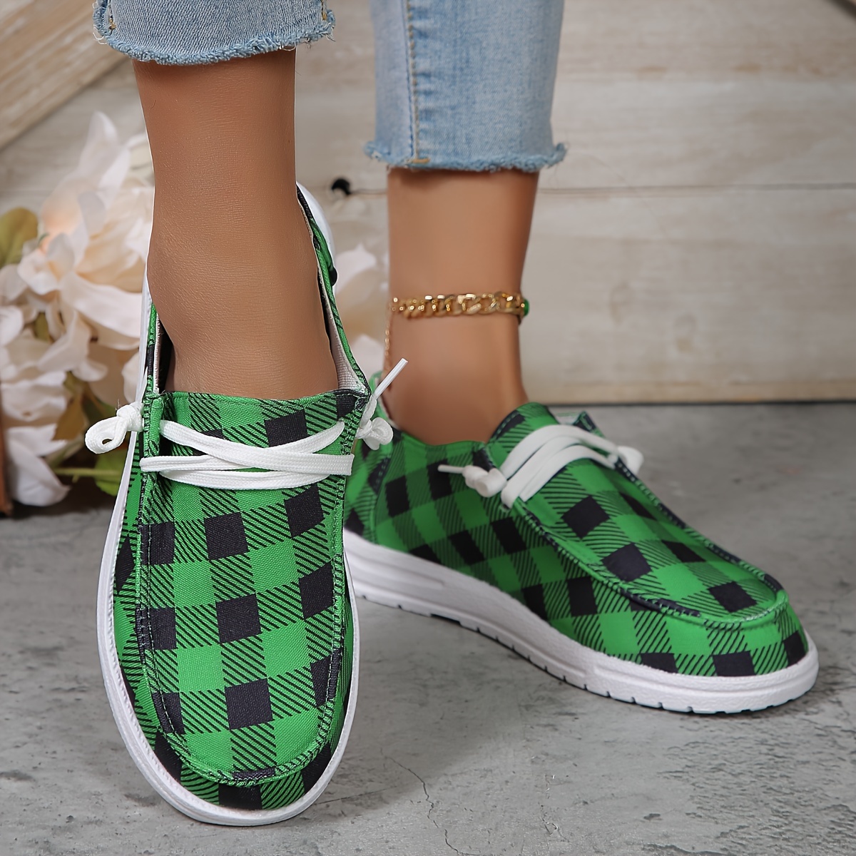 womens plaid pattern loafers slip on lightweight flat canvas shoes low top versatile shoes details 9