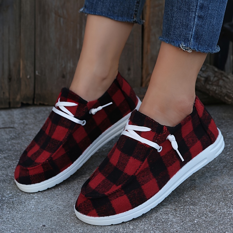 womens plaid canvas shoes lace up low top round toe flat casual shoes womens walking sneakers details 2