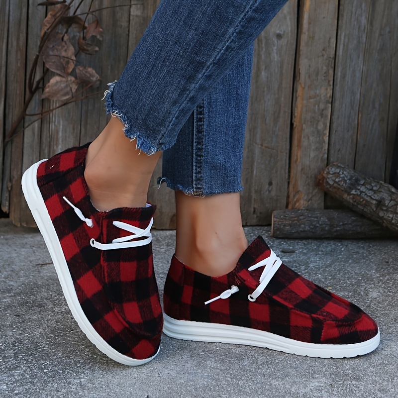 womens plaid canvas shoes lace up low top round toe flat casual shoes womens walking sneakers details 5