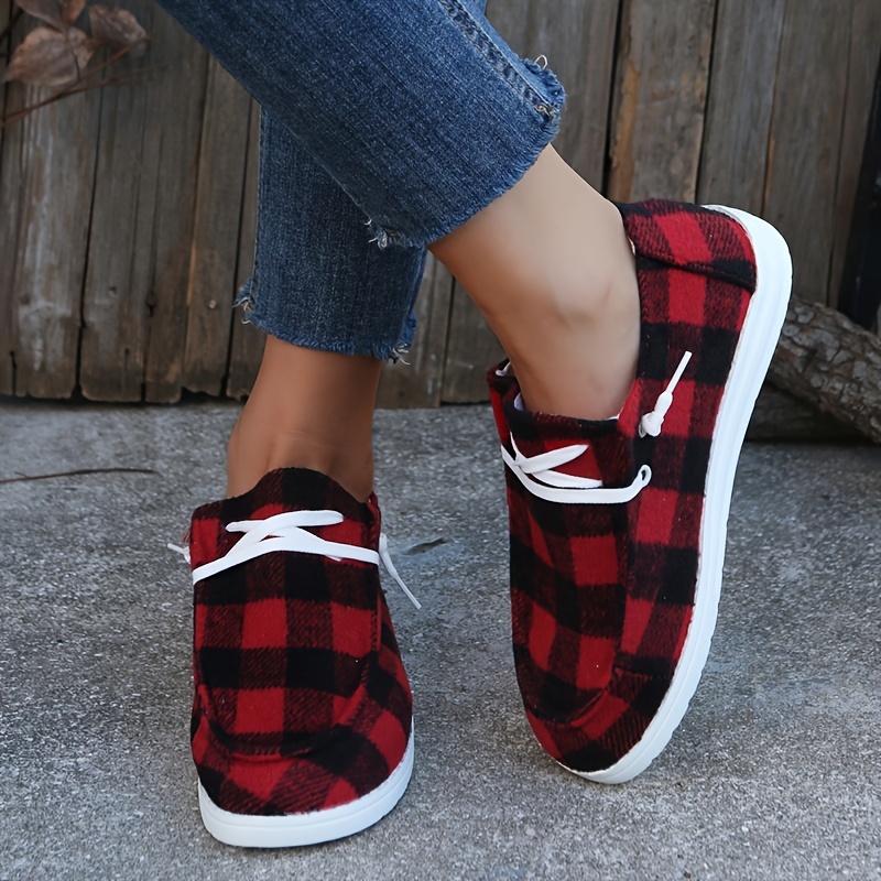 womens plaid canvas shoes lace up low top round toe flat casual shoes womens walking sneakers details 6