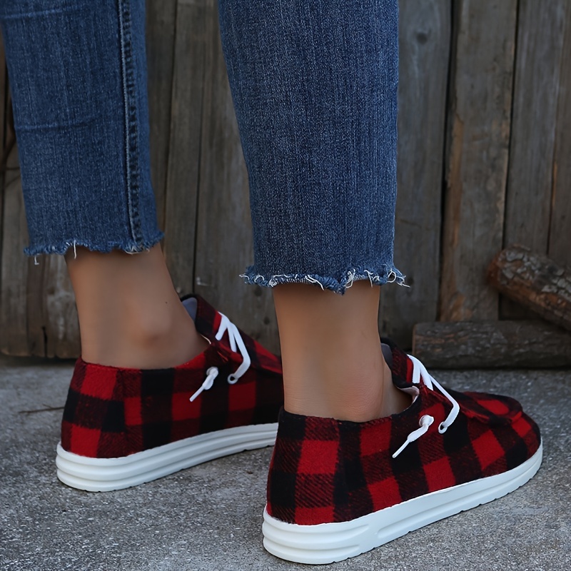 womens plaid canvas shoes lace up low top round toe flat casual shoes womens walking sneakers details 7