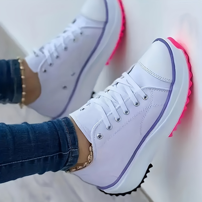 womens solid color trendy shoes lace up comfy platform soft sole skate shoes versatile low top canvas shoes details 0