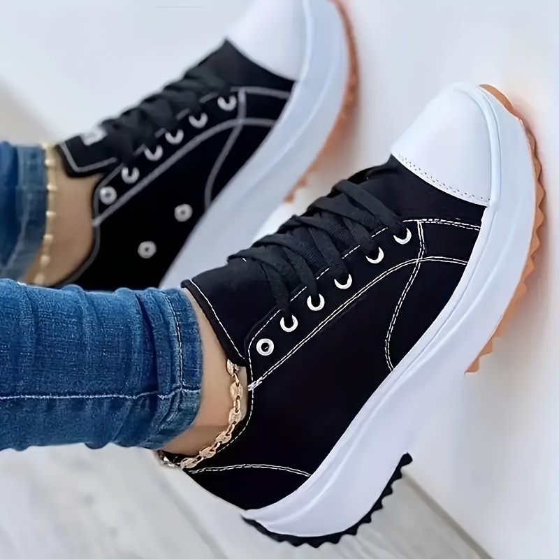 womens solid color trendy shoes lace up comfy platform soft sole skate shoes versatile low top canvas shoes details 1