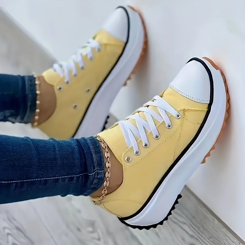 womens solid color trendy shoes lace up comfy platform soft sole skate shoes versatile low top canvas shoes details 2