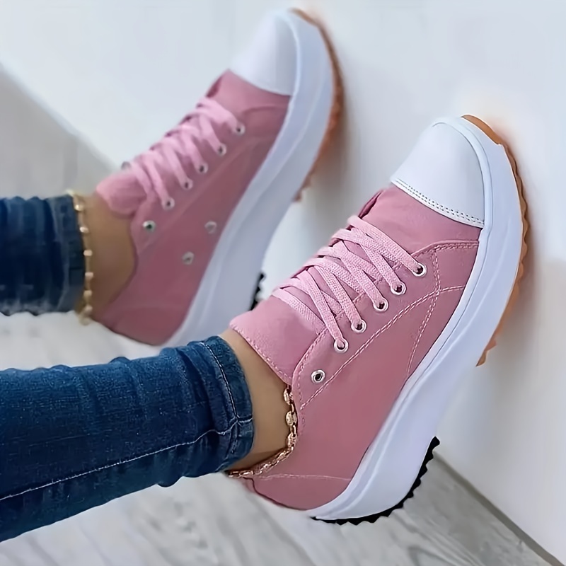 womens solid color trendy shoes lace up comfy platform soft sole skate shoes versatile low top canvas shoes details 3