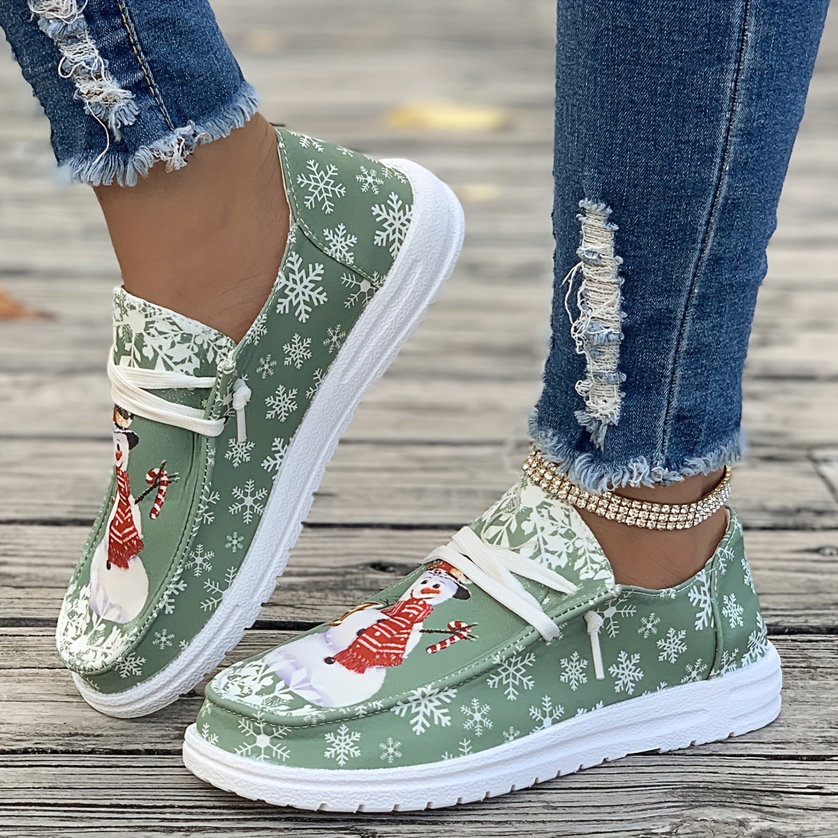 womens christmas style canvas shoes snowman snowflake pattern flats casual low top loafers details 0